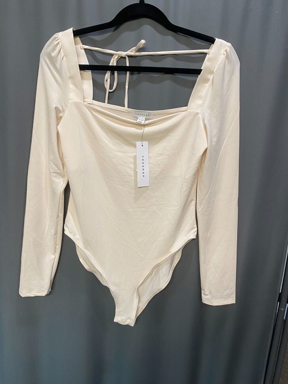 Topshop Bodysuit Women's 8-10 Ivory Long Sleeve Square Neck Polyester Blend B4